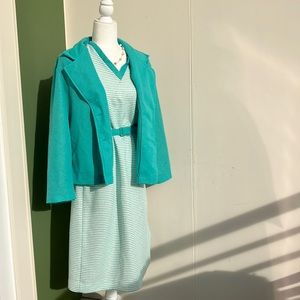 Vintage 70s Teal and White Striped Dress and Jacket with Belt